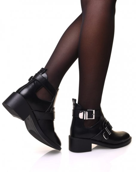 Black openwork ankle boots with decorative strap