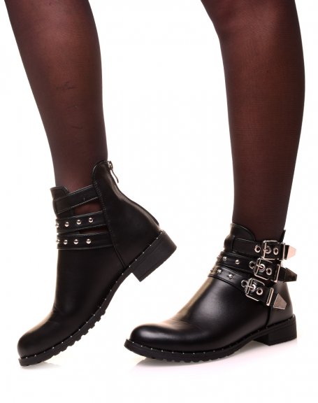 Black openwork ankle boots with golden straps