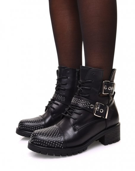 Black openwork ankle boots with laces and embellished straps