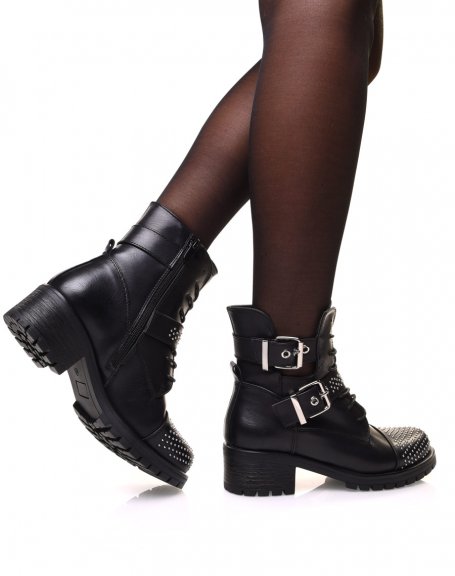 Black openwork ankle boots with laces and embellished straps