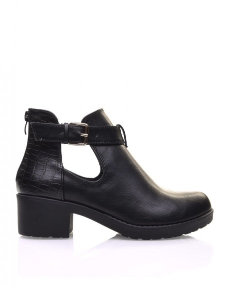 Black openwork ankle boots with small heel and buckle