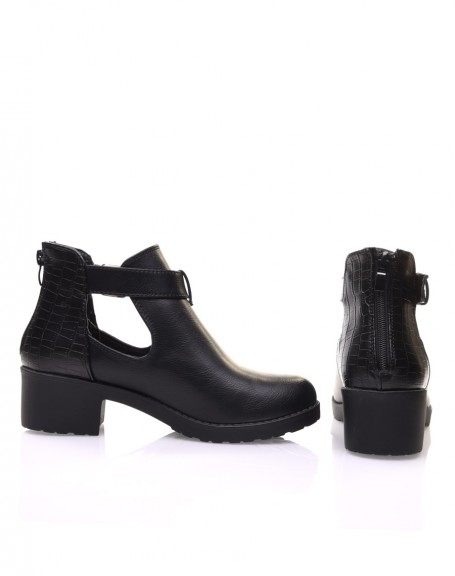 Black openwork ankle boots with small heel and buckle