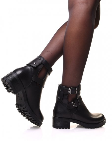 Black openwork ankle boots with straps
