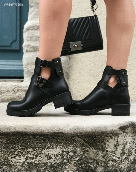 Black openwork ankle boots with straps