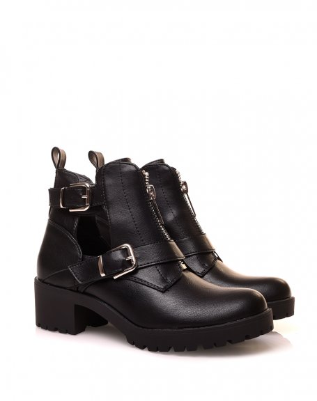 Black openwork ankle boots with straps and zippers