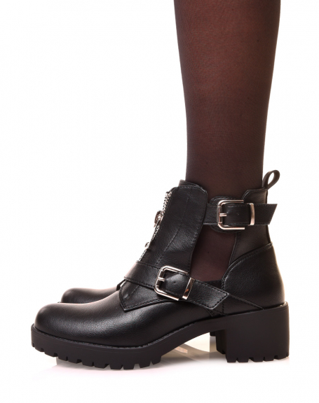 Black openwork ankle boots with straps and zippers
