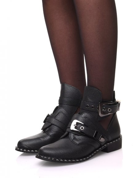Black openwork ankle boots with studded soles