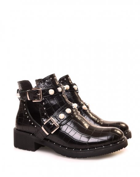 Black openwork croc-effect ankle boots