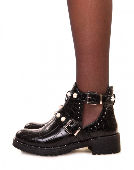 Black openwork croc-effect ankle boots