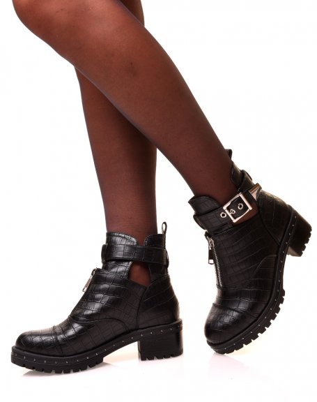 Black openwork croc-effect ankle boots with strap
