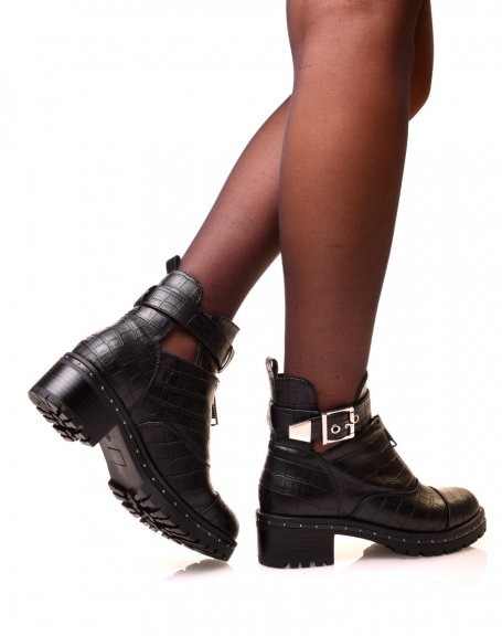 Black openwork croc-effect ankle boots with strap