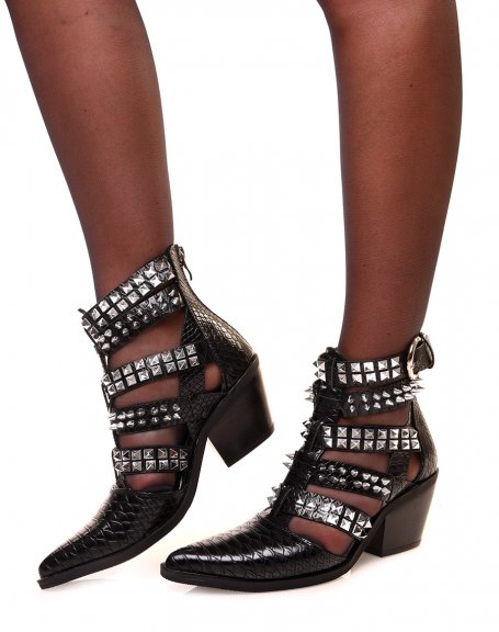 Black openwork croc-effect cowboy boots adorned with studs