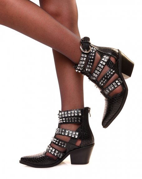 Black openwork croc-effect cowboy boots adorned with studs