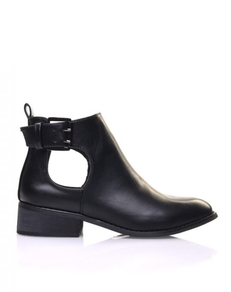 Black openwork flat ankle boots with strap