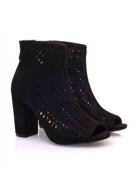 Black openwork heeled ankle boots