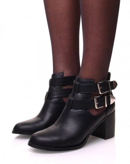 Black openwork heeled ankle boots with double straps