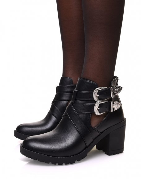 Black openwork heeled ankle boots with intertwined straps