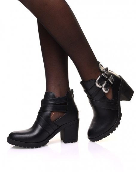 Black openwork heeled ankle boots with intertwined straps