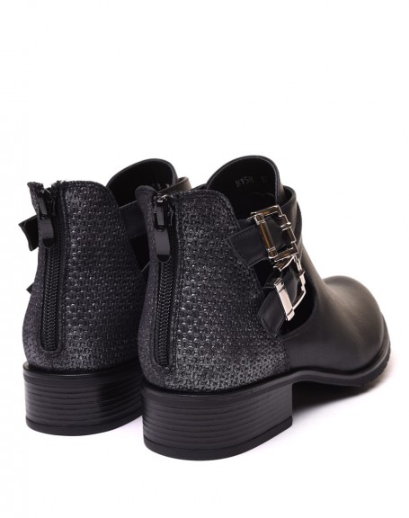 Black openwork low ankle boots with straps