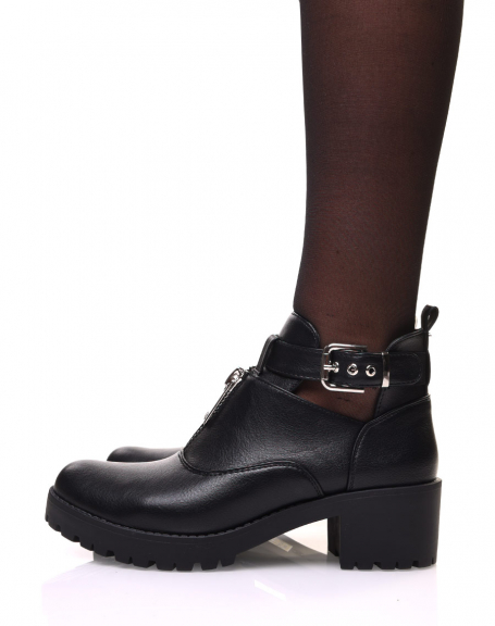 Black openwork low heel ankle boots
