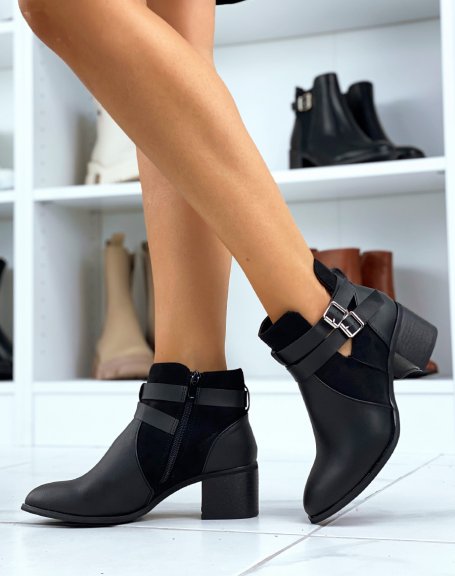 Black openwork mid-heel ankle boots