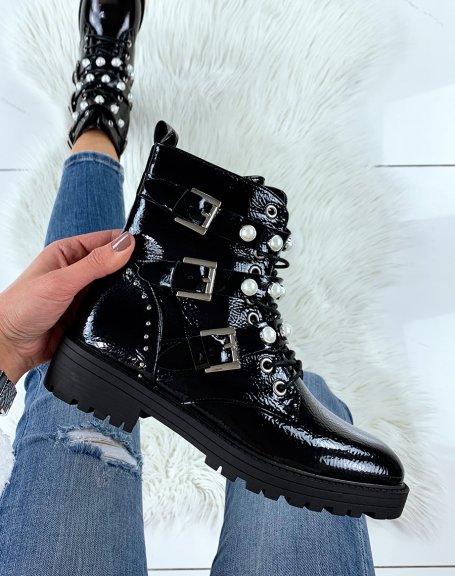 Black patent ankle boots adorned with pearls