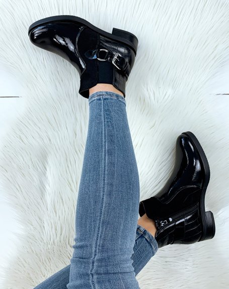 Black patent ankle boots with buckle and straps
