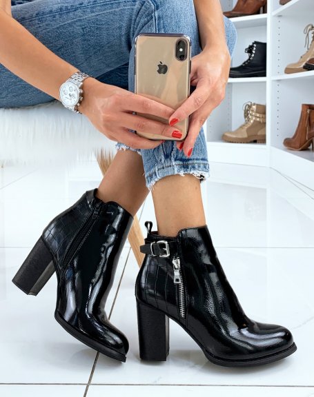 Black patent ankle boots with crocodile finish and strap