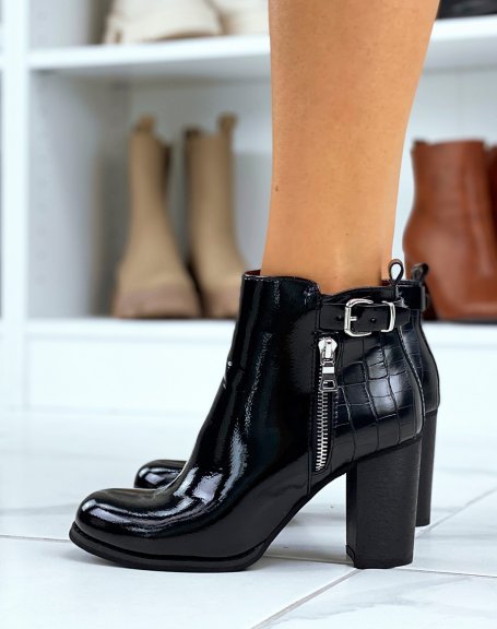 Black patent ankle boots with crocodile finish and strap