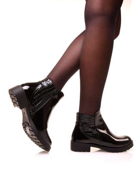Black patent ankle boots with crocodile patch