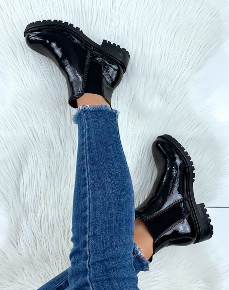 Black patent ankle boots with elastic