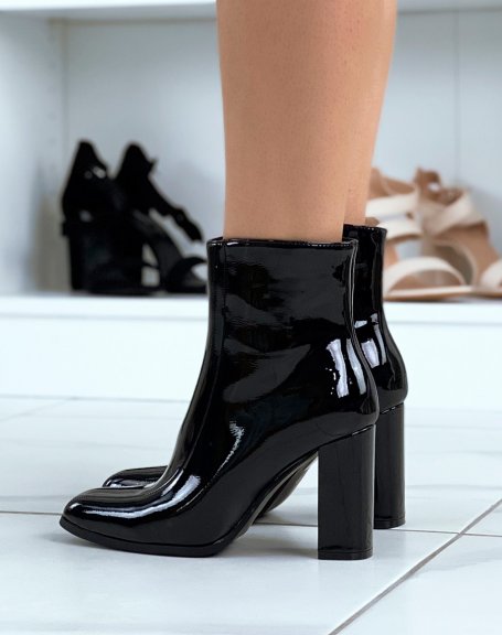 Black patent ankle boots with heel and square toe