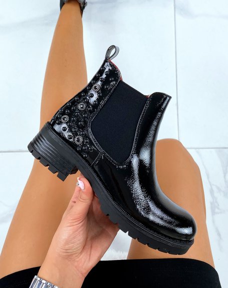 Black patent ankle boots with jewels