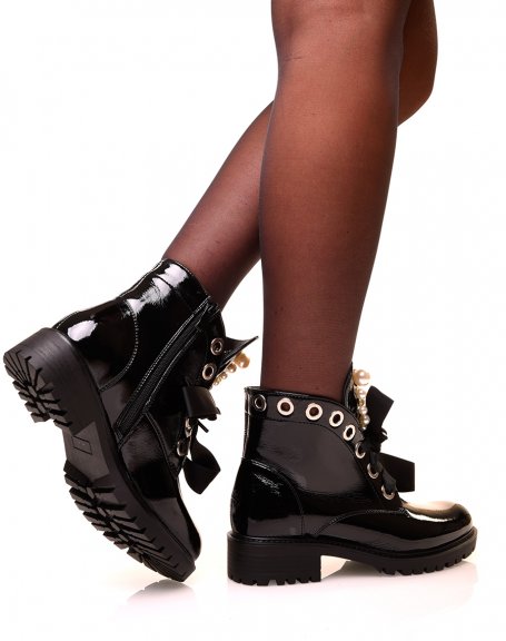 Black patent ankle boots with laces and openwork pearls