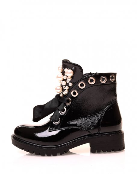 Black patent ankle boots with laces and openwork pearls