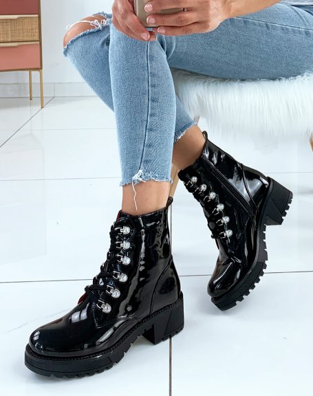 Black patent ankle boots with large jewels
