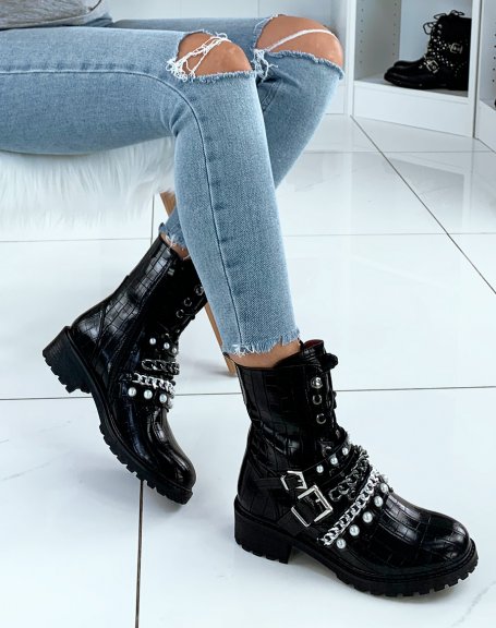 Black patent ankle boots with large pearls and chains