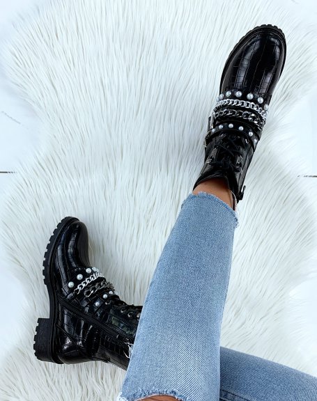 Black patent ankle boots with large pearls and chains