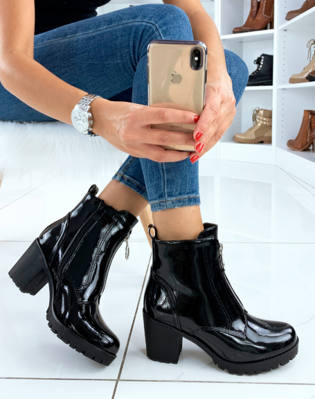 Black patent ankle boots with mid-high heel