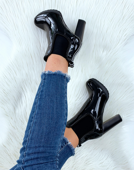 Black patent ankle boots with pearls