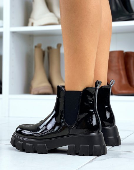 Black patent ankle boots with platform soles