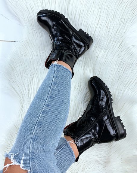Black patent ankle boots with quilted tongue