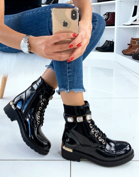 Black patent ankle boots with rhinestones