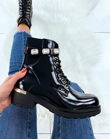 Black patent ankle boots with rhinestones