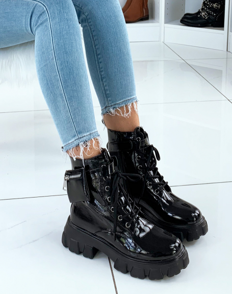 Black patent ankle boots with small pocket