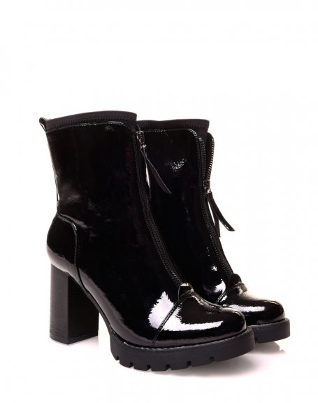 Black patent ankle boots with sock-effect heels