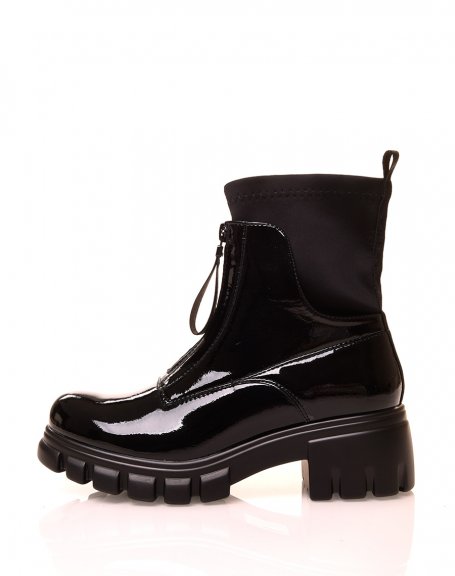 Black patent ankle boots with sock effect zip