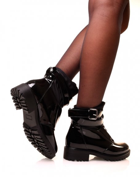 Black patent ankle boots with sock-effect zip