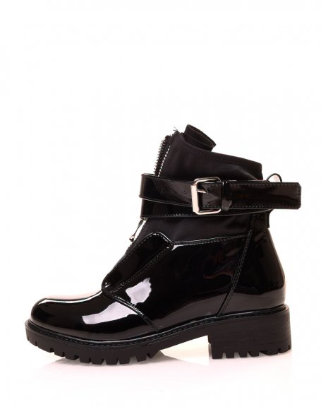 Black patent ankle boots with sock-effect zip