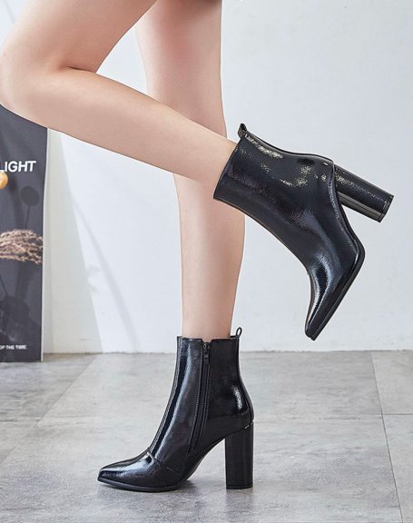 Black patent ankle boots with square heels and pointy toes